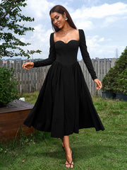 Sexy Solid Square Neck Backless Long Sleeves Ruched Midi Dress