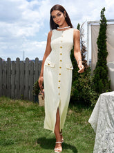 Temperament Round-Neck Sleeveless Single-Breasted Bodycon Maxi Dress