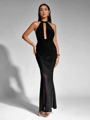 Sexy Sparkly Mesh Halter Neck Cut-Out Sleeveless Backless Bodycon Gown