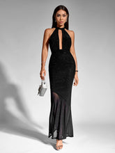 Sexy Sparkly Mesh Halter Neck Cut-Out Sleeveless Backless Bodycon Gown
