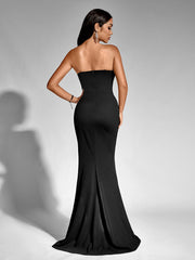 Sexy Solid Waist Cinched High Slit Strapless Ruched Bodycon Gown