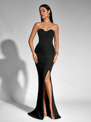 Sexy Solid Waist Cinched High Slit Strapless Ruched Bodycon Gown