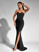 Sexy Solid Waist Cinched High Slit Strapless Ruched Bodycon Gown