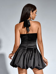 Sexy Solid Neck Off-Shoulder Backless Slim Ruched Mini Dress