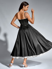 French Satin Mesh Double Sleeveless Backless Cinched Waist Slip Dress