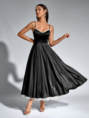 French Satin Mesh Double Sleeveless Backless Cinched Waist Slip Dress