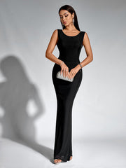 Sexy Mesh Solid Sleeveless Halter Neck Backless Bodycon Maxi Dress