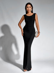 Sexy Mesh Solid Sleeveless Halter Neck Backless Bodycon Maxi Dress