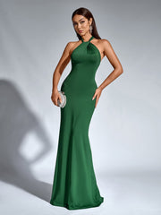 Sexy Solid Slim Halter Neck Sleeveless Backless Strapless Ruched Gown