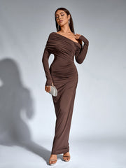Sexy Solid One Shoulder Ruched Bodycon Maxi Dress