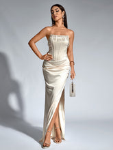 Elegant Beaded Tassels Cinched Waist Ruched Strapless Bodycon Gown