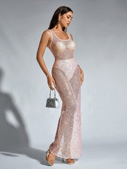 Sexy Slim Sleeveless Backless Mesh Sparkly Bodycon Dress