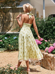 Deep V-Neck Smocking Lace Spliced Floral Dress