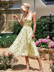 Deep V-Neck Smocking Lace Spliced Floral Dress