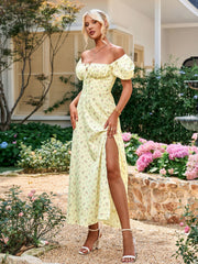 Floral Puff Sleeve Off Shoulder Flowy Slit Midi Dress