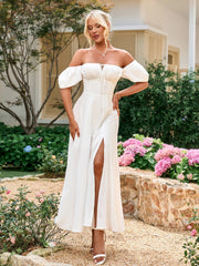Puff Sleeve Off Shoulder Flowy Slit Midi Dress