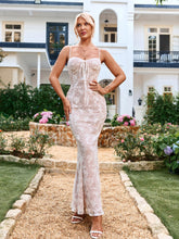 Sleeveless Backless Lace Print Ruched Bodycon Slip Maxi Dress