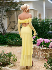 Solid Long-Sleeved Off-Shoulder Slit Ruched Bandeau Maxi Dress