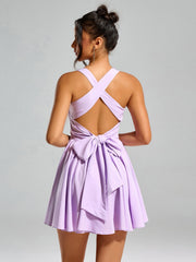 Solid Waist Cinched Sleeveless Backless Slim Slip Mini Dress
