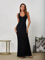 Temperament Solid Color Knitted Backless Sleeveless Bodycon Maxi Dress