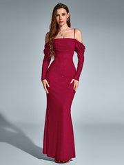 Temperament Mesh Off-Shoulder Long-Sleeved Ruched Gown