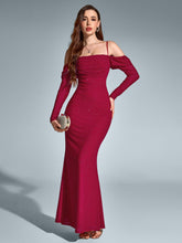 Temperament Mesh Off-Shoulder Long-Sleeved Ruched Gown