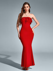 Solid Sleeveless Strapless Off-Shoulder Backless Ruched Bodycon Maxi Dress