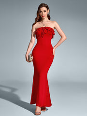 Solid Sleeveless Strapless Off-Shoulder Backless Ruched Bodycon Maxi Dress