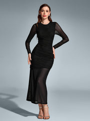 Solid Mesh Ruched Long-Sleeved Bodycon Dress