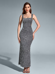 Square Neckline Sleeveless Backless Sparkly Bodycon Gown