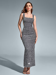 Square Neckline Sleeveless Backless Sparkly Bodycon Gown
