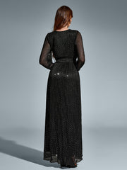 Sexy V-Neck Long Sleeved Sparkly Maxi Dress