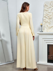 Temperament Solid Long-Sleeved Cinched Waist Ruched Slim Maxi Dress