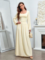 Temperament Solid Long-Sleeved Cinched Waist Ruched Slim Maxi Dress