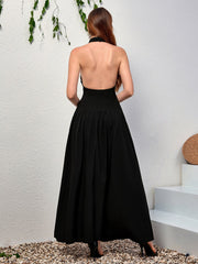 Elegant Solid Sleeveless Halter Neck Backless Maxi Dress