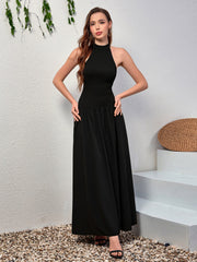 Elegant Solid Sleeveless Halter Neck Backless Maxi Dress