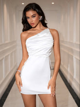 One Shoulder Ruched Satin Backless Mini Dress