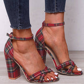 Plaid Ankle Strap Chunky Heel Sandals