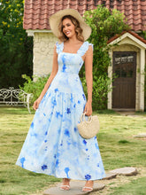 Ruffle Straps Square Neck Backless Floral Print Dress