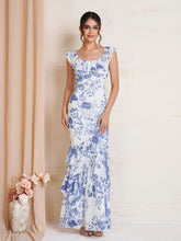 Ruffle Trim Floral Print Bodycon Mesh Dress