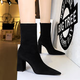 Simple Black Chunky Heel Pointed Toe Short Boots