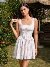 Square Neck Lace Trim Tie Back Floral Print Mini Dress