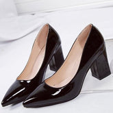 Patent Leather Chunky Heel Pumps Pointed Toe Shoes