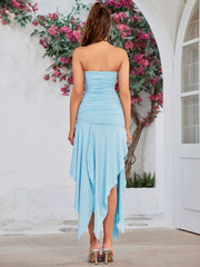 Strapless Ruched Asymmetrical Maxi Dress