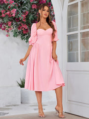 Blushing Charm Puff-Sleeve Midi Dress