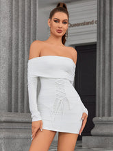 Off-Shoulder Lace-Up Ruched Mini Dress