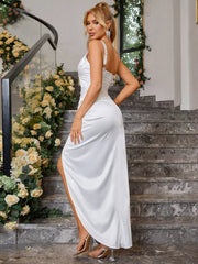 Deep V Neck High Slit Satin Dress