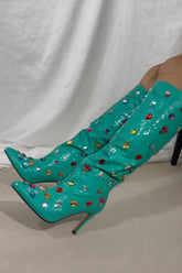 Green Sequined Pointed Toe Stiletto Heel Over The Knee Boots