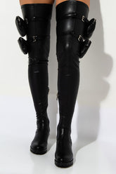 Faux Leather Pouch Detail Thigh High Flat Boots - Black