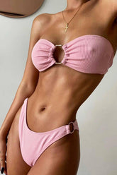 Ribbed Bandeau High Leg Bikini Set With O-Ring Detail